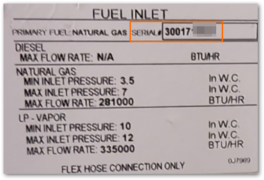 Example of exterior fuel tag showing serial number