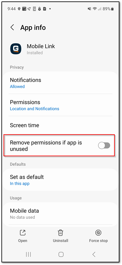 Android app permissions setting example