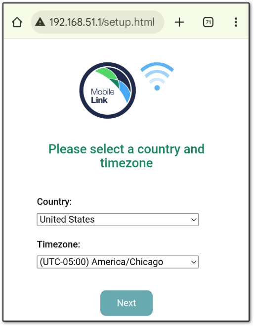 Country and time zone screen