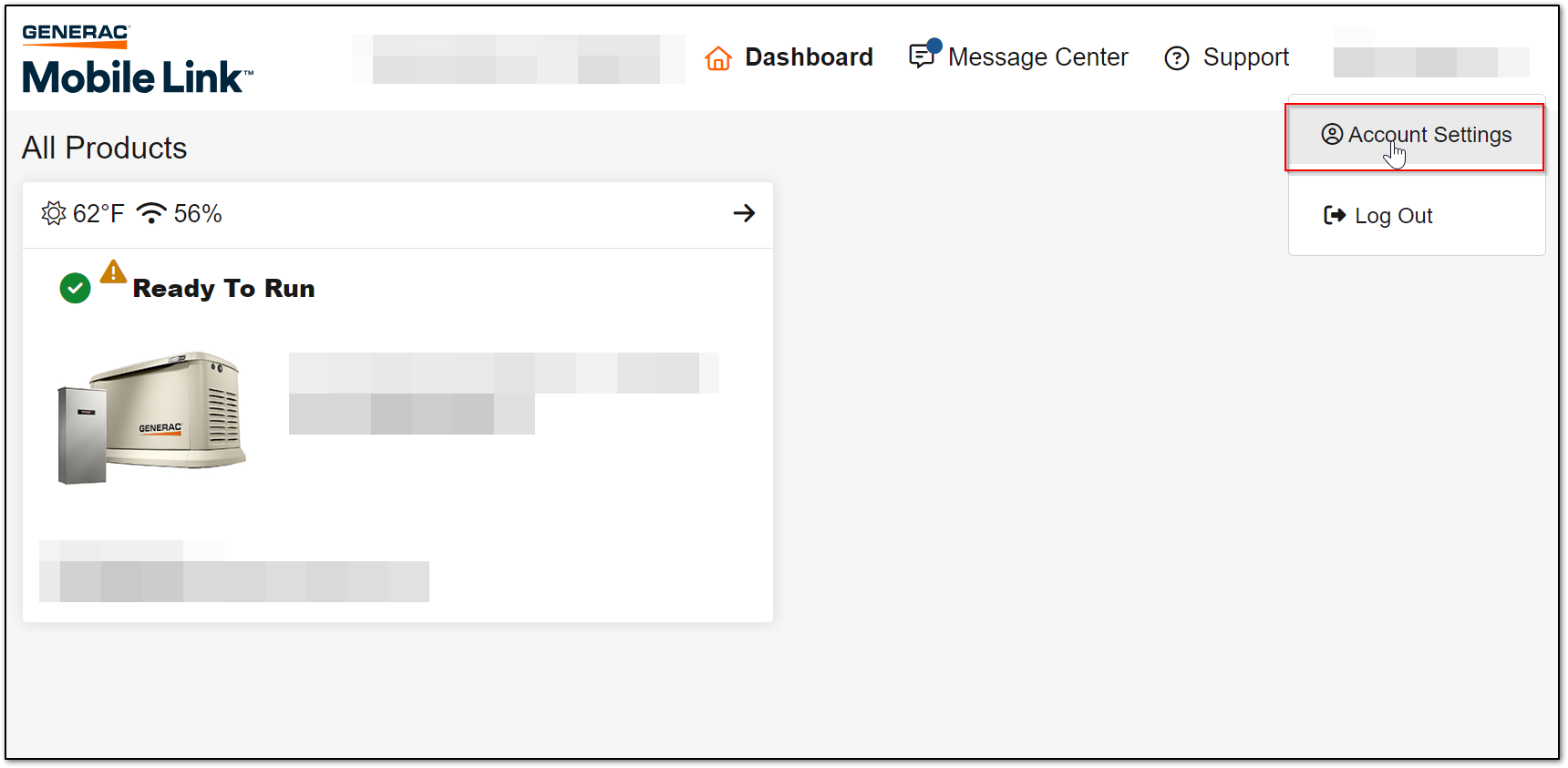 Account menu in Mobile Link web app