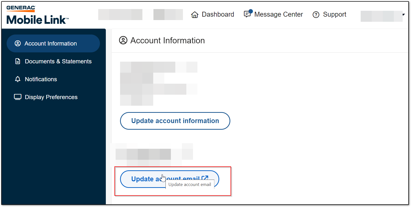 Update account email button