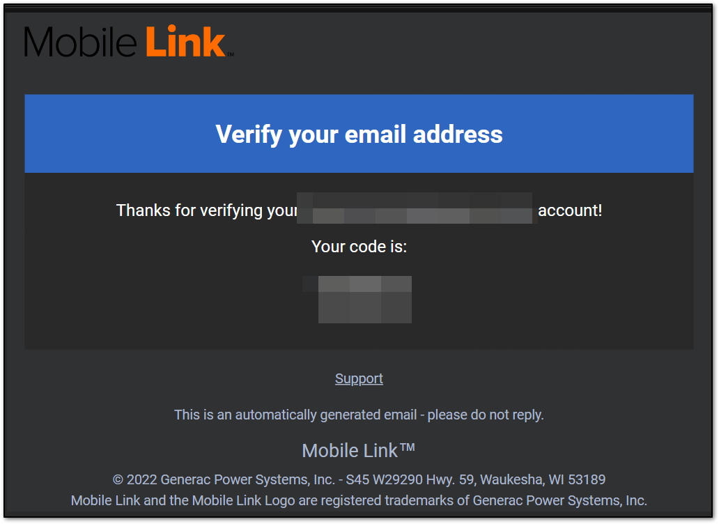 Verification code email example