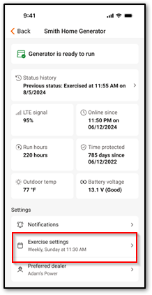 Exercise Settings option in the Mobile Link app
