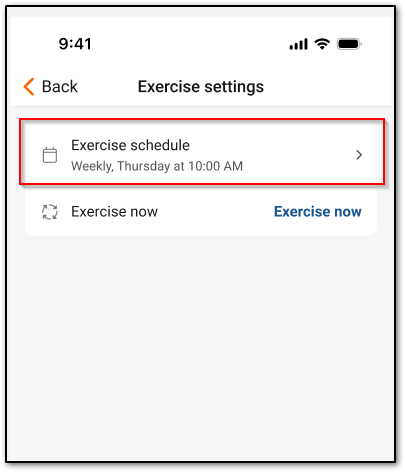 Exercise Schedule screen in the Mobile Link app