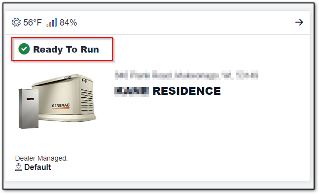Generator status displayed on a generator card in the Mobile Link web app