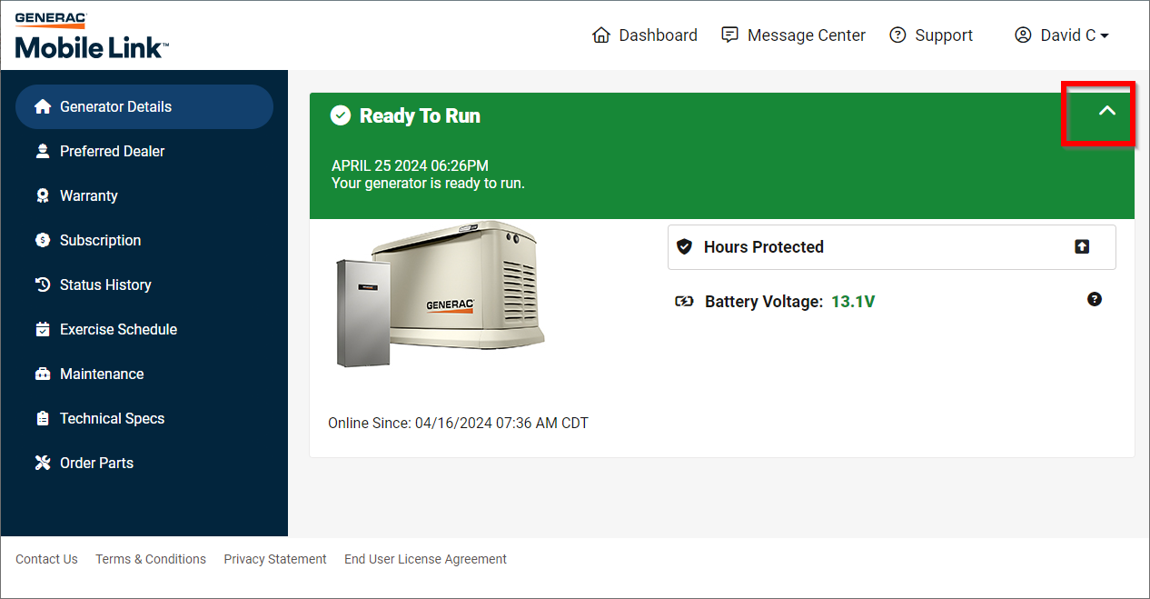 Current generator status duration in the Mobile Link web app