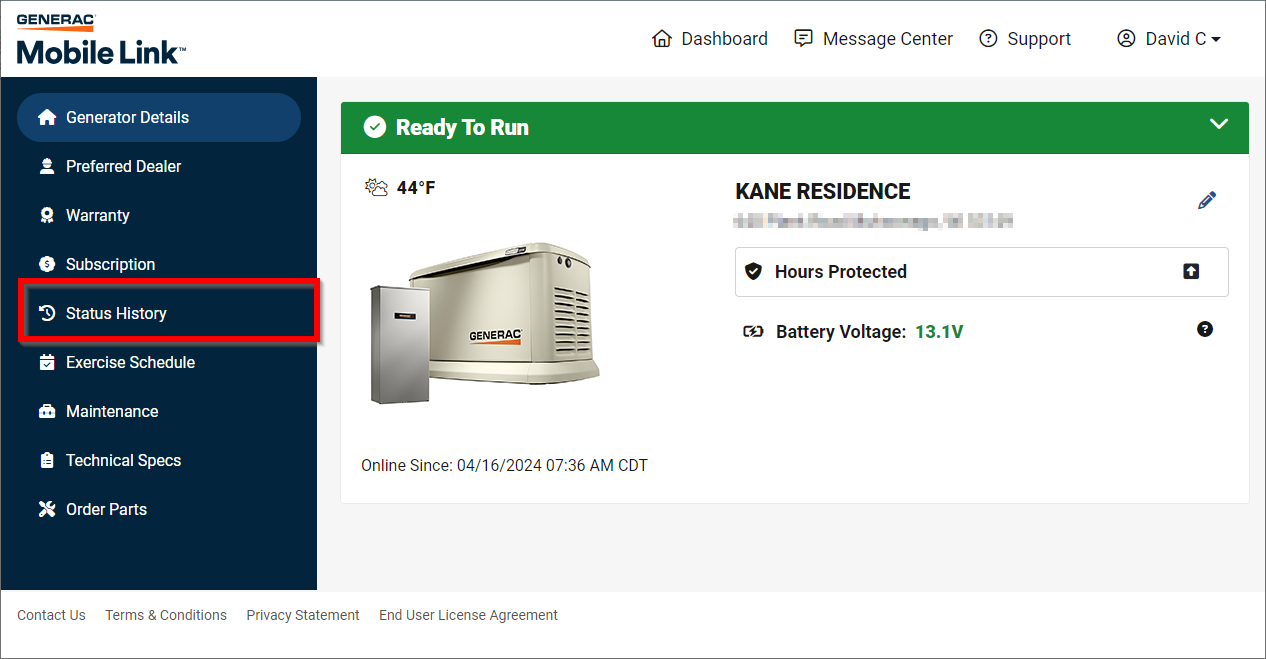 Generator status history displayed in the Mobile Link web app