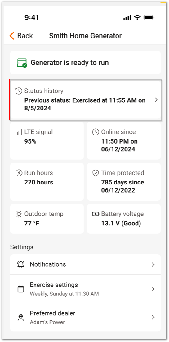 Status history screen in the Mobile Link mobile app