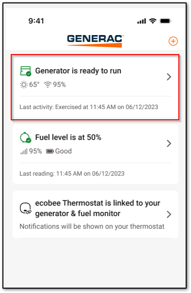 Generator details and current status in the Mobile Link mobile app