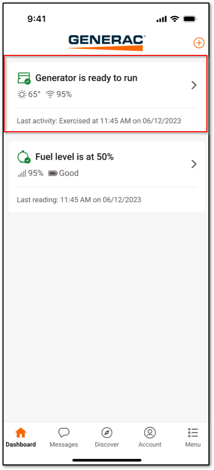 Generator card on the Mobile Link mobile app dashboard