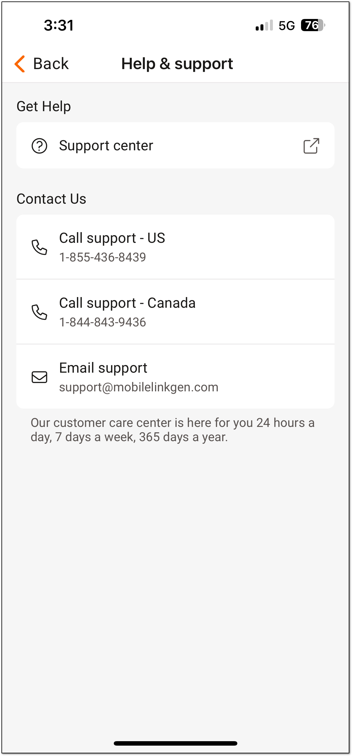 Mobile Link Help and support menu